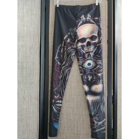 Reg one Size Halloween Ugly Skull Leggings Black - Picture 8 of 10